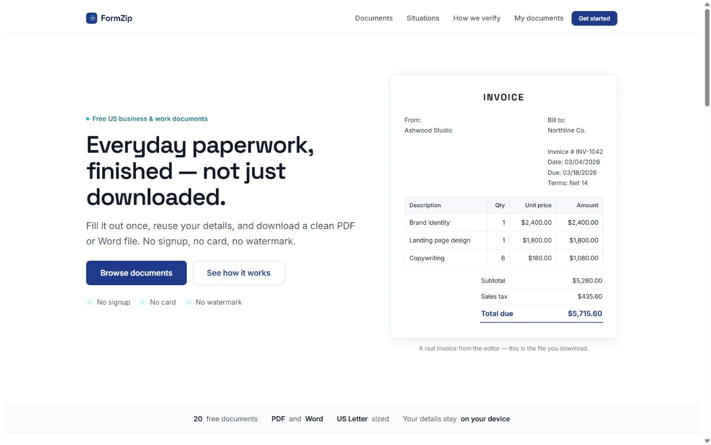 FormZip’s US edition with business documents and a sample invoice