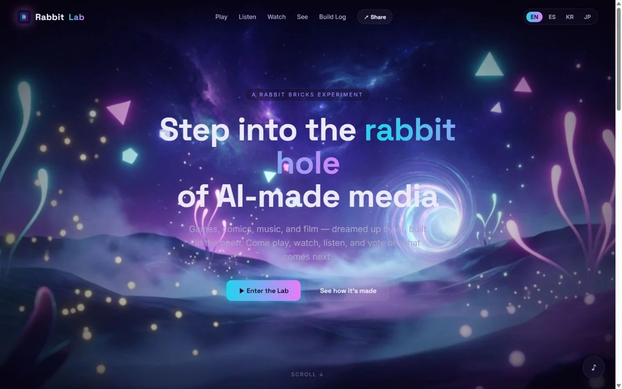 게임, 음악, 영상 콘텐츠로 안내하는 Rabbit Lab 홈 화면